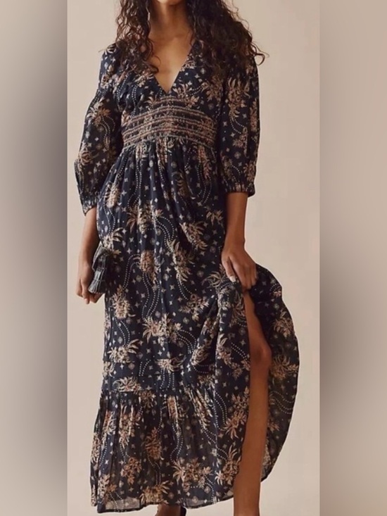 Free People Dresses & Skirts - Free People Golden Hour Navy Floral Smocked Maxi Dress